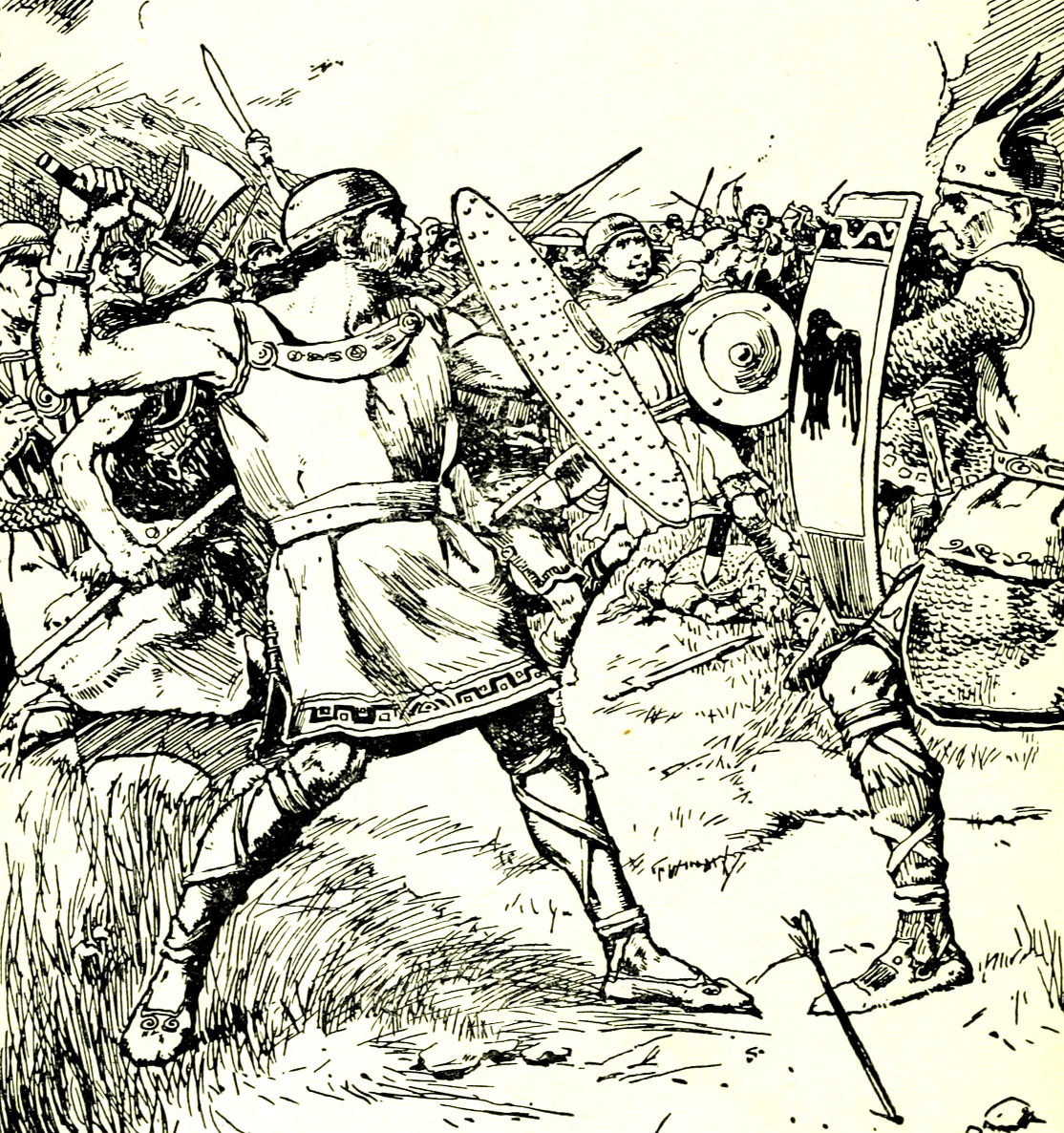 [Image: Drawing of Gaelic forces clashing with Vikings in a pitched battle]