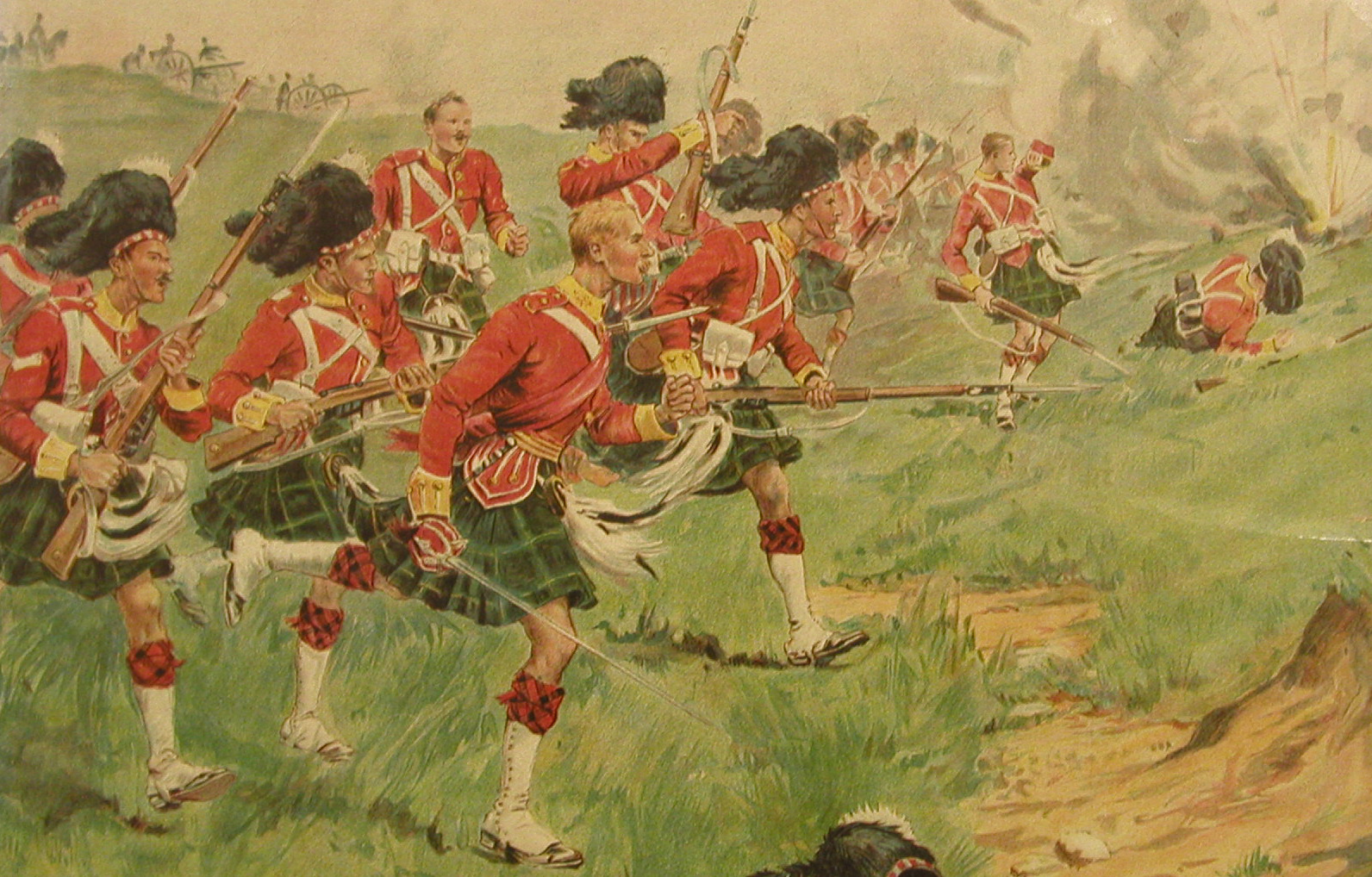 [Image: Painting of Highland regiment soldiers in Black Watch kilts and red British coats charge, in an Anglo-Boer War battle]