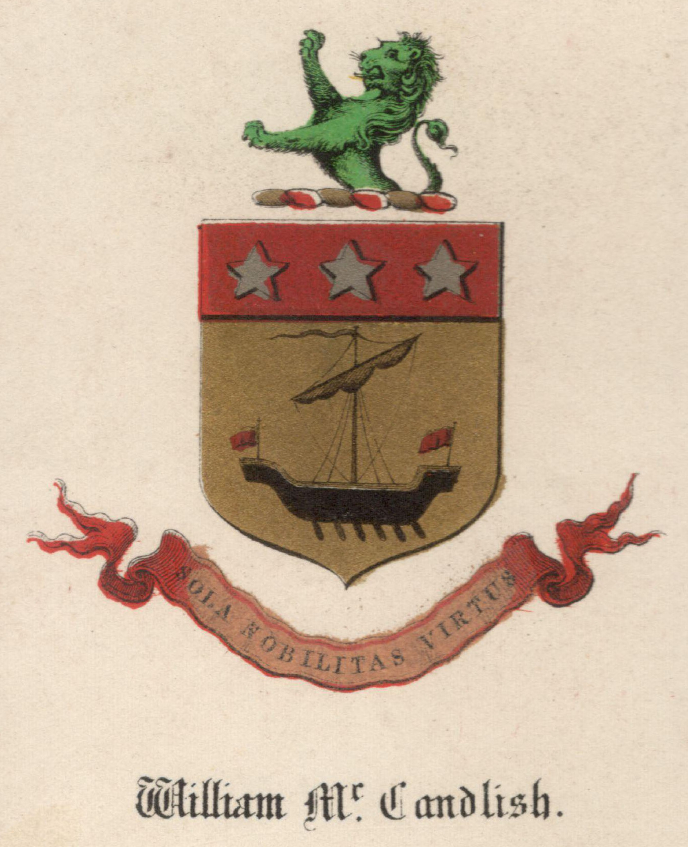 [Image: William McCandlish antique colour bookplate with motto, coat of arms, and crest]