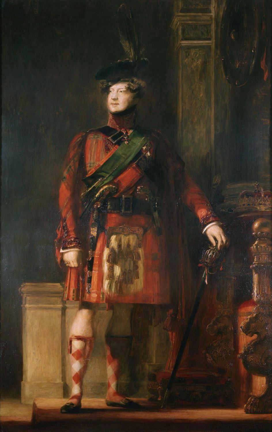 [Image: Painting of man in kilt, with tartan jacket, diced hose, elaborate sporran, tall bonnet, dirk, sword, and pistols.]