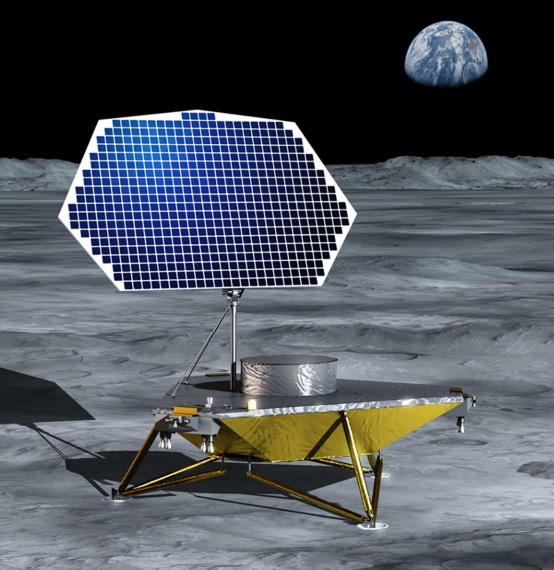 [Image: Computer-generated image of proposed McCandless Lunar Lander on the Moon with the Earth in the background.]