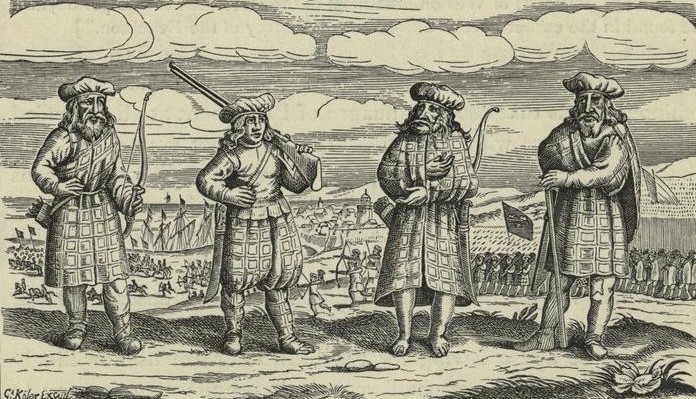 [Image: Thirty Years' War mercenaries from Scotland dressed in tartan great kilts or trews and flat caps, with weapons of the period.]