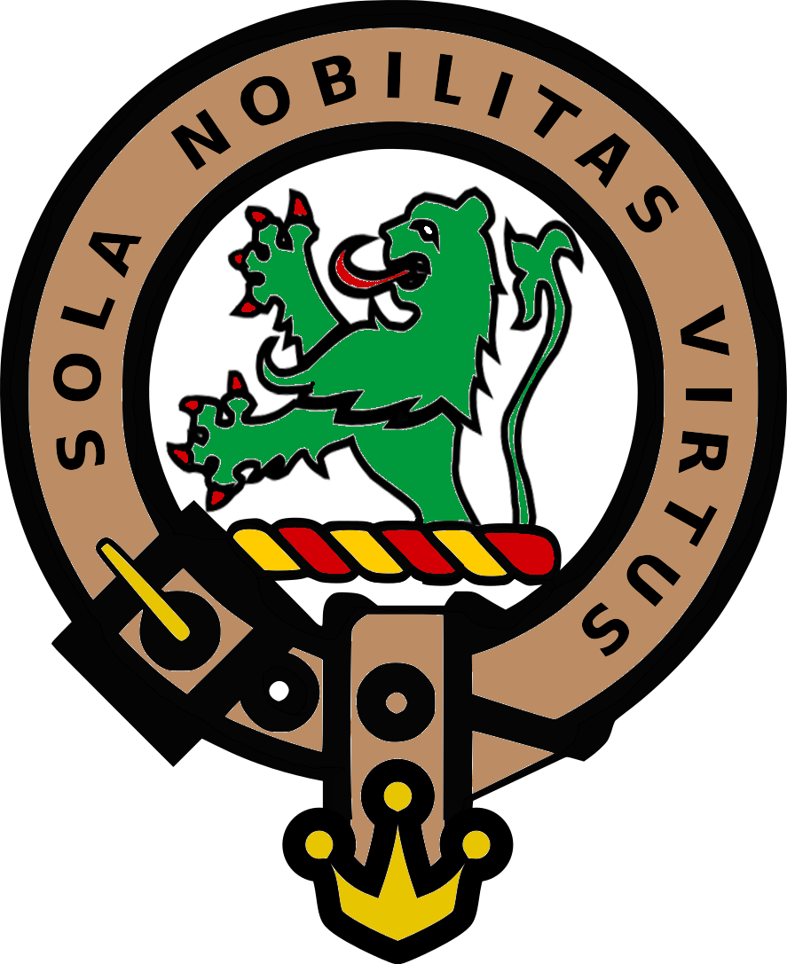 [Image:Clan crest badge in colour, with green demi-lion rampant and 'Sola Nobilitas Virtus' motto]