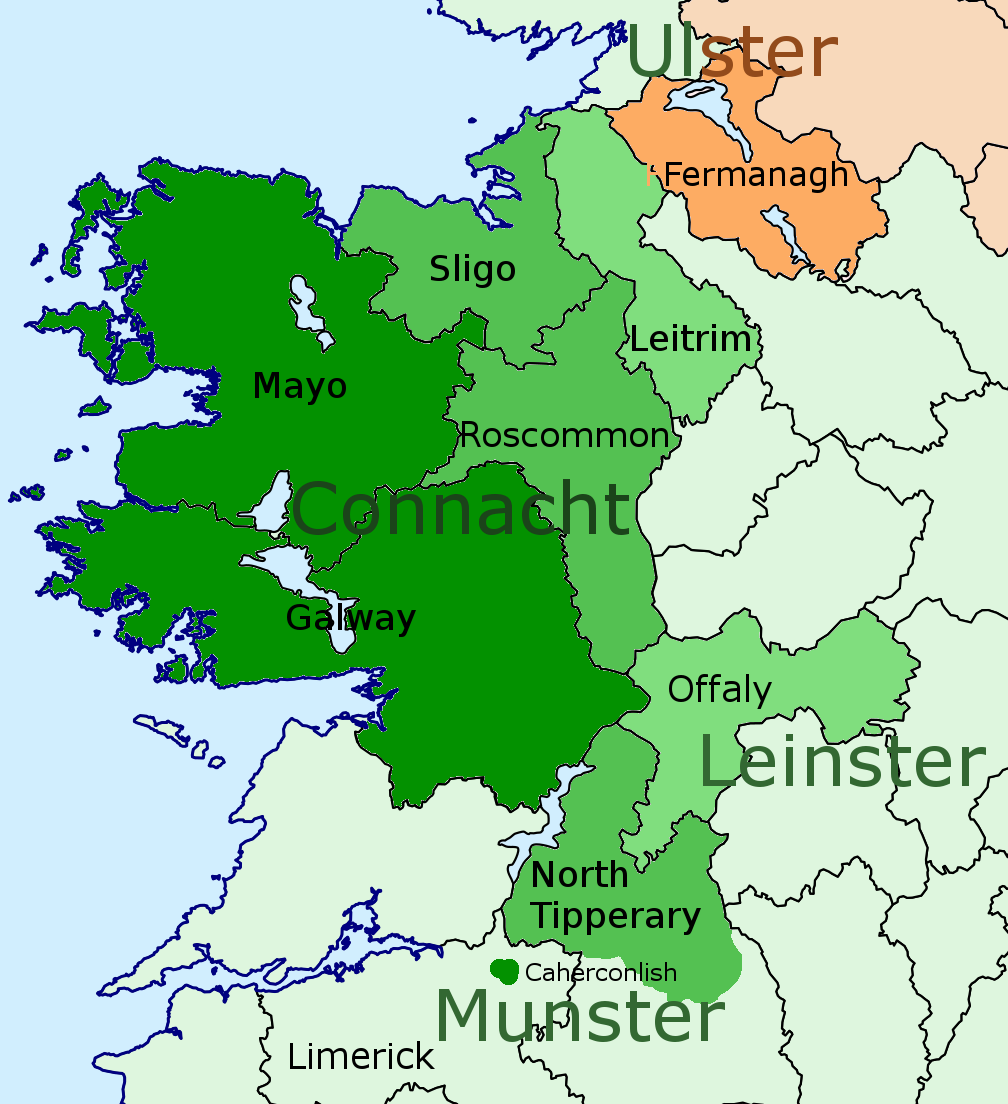 [Map: west Ireland, showing the counties of Conlisk, Quinlish, etc. concentrations]